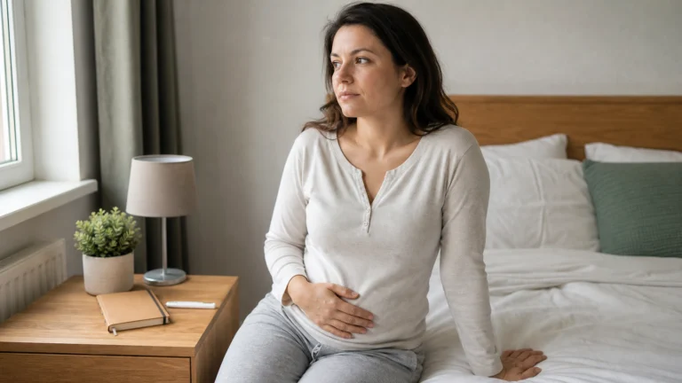 Femme assise sur le bord de son lit, une main posée sur le bas-ventre, près d’un thermomètre basal