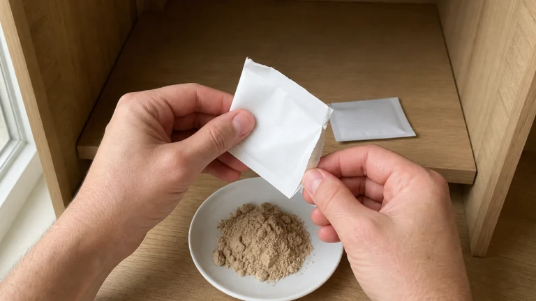 Mains examinant la poudre agglomérée d’un sachet blanc dans une coupelle