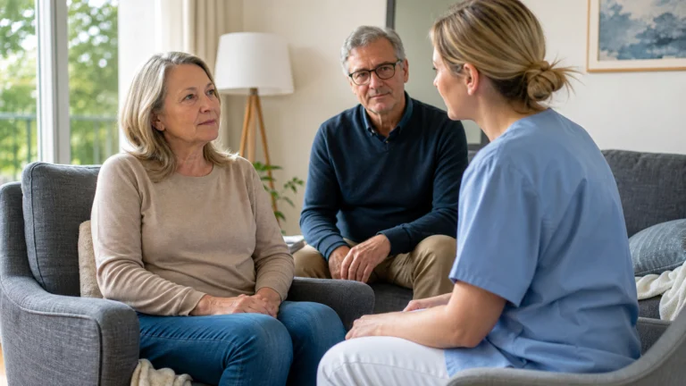 Échange à domicile entre une soignante, une patiente et un proche