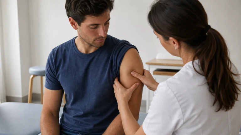 Une professionnelle de santé examine le bras d’un patient lors d’une consultation.