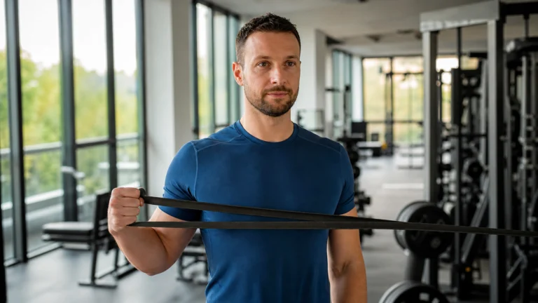 Homme effectuant un exercice de rotation externe de l’épaule avec une bande élastique dans une salle de sport