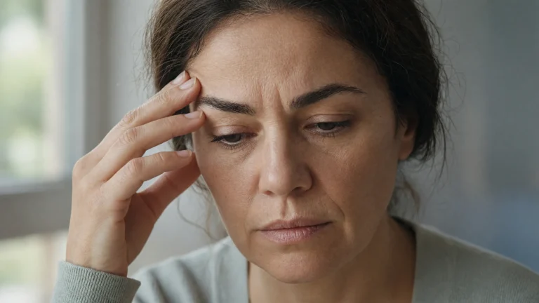 Femme se massant la tempe pres de l oeil