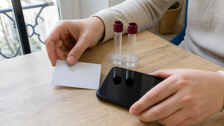 Une personne organise une ancienne carte de groupe sanguin près d’un smartphone et de deux tubes de laboratoire.