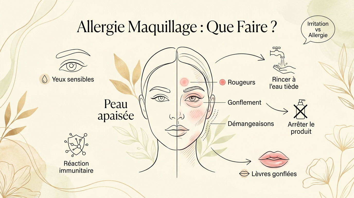 Femme examinant une réaction allergique cutanée sur son visage après s'être maquillée