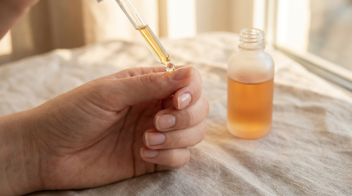 Une main reçoit une goutte d'huile nourrissante pour cuticules depuis une pipette au-dessus d'un flacon en verre.