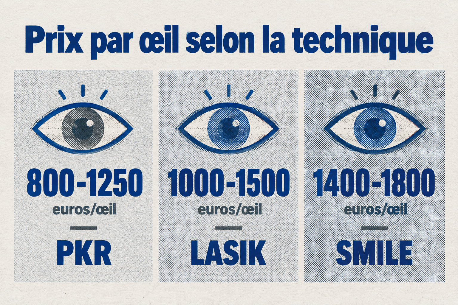 Fourchettes de prix par œil en 2026 pour les trois techniques laser : 800 à 1250 € pour la PKR, 1000 à 1500 € pour le LASIK, 1400 à 1800 € pour le SMILE.