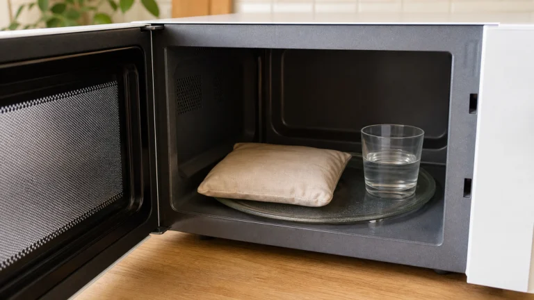 Bouillotte en tissu et verre d’eau placés sur le plateau d’un micro-ondes ouvert