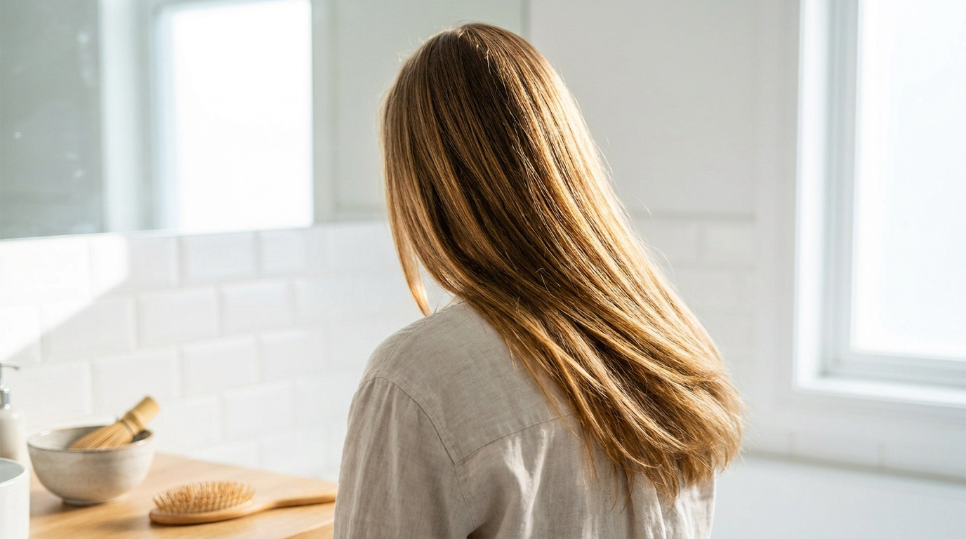 Femme de dos avec de longs cheveux châtain clair devant un miroir de salle de bain.