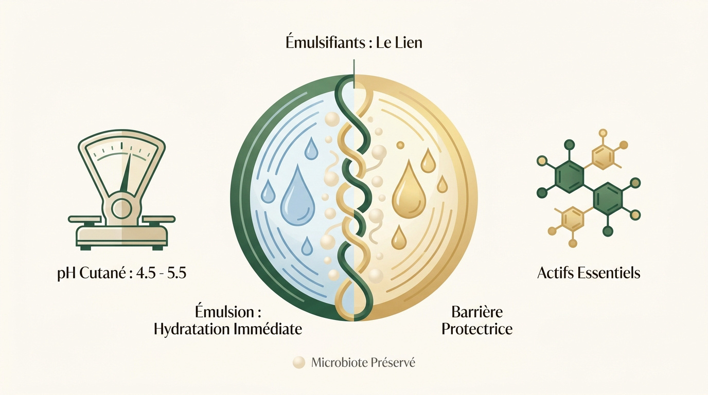 Schéma de la structure d'une émulsion cosmétique avec phase aqueuse et huileuse