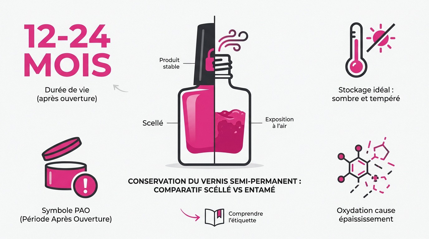 Comparaison entre un flacon de vernis semi-permanent scellé et un flacon entamé montrant la différence de texture