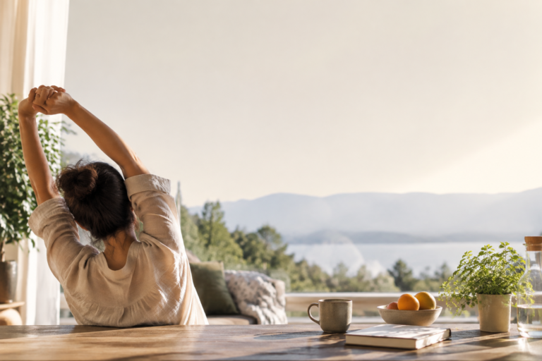 Une femme s'étire face à une vue panoramique sur un lac et des montagnes dans un intérieur lumineux et paisible.