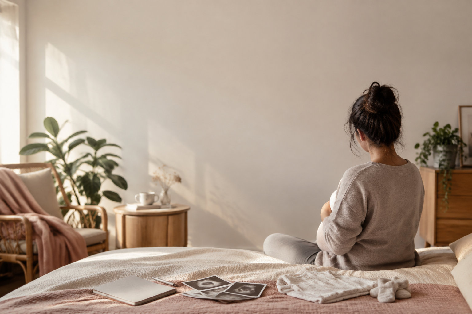 Une femme enceinte assise sur son lit, de dos, entourée d'échographies et de vêtements de bébé dans une chambre lumineuse.