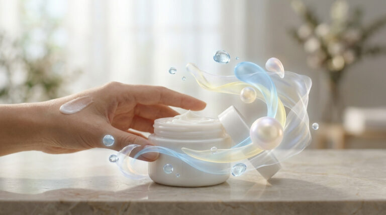 Main testant une crème hydratante avec des effets visuels artistiques de perles et de bulles d'eau.