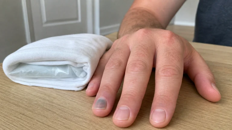 Main posée près d’une poche de froid avec un ongle bleui après un choc