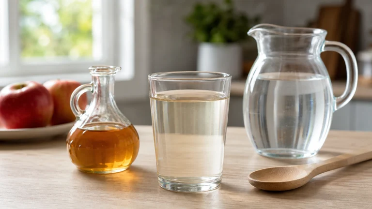 Verre de vinaigre de cidre dilué dans l’eau, avec une carafe et des pommes sur une table