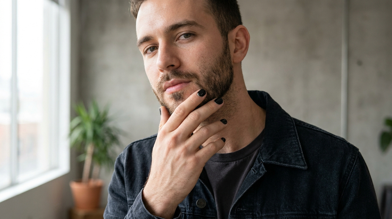 Un homme barbu portant une veste en jean noire avec les ongles vernis en noir, posant sa main sur son menton.