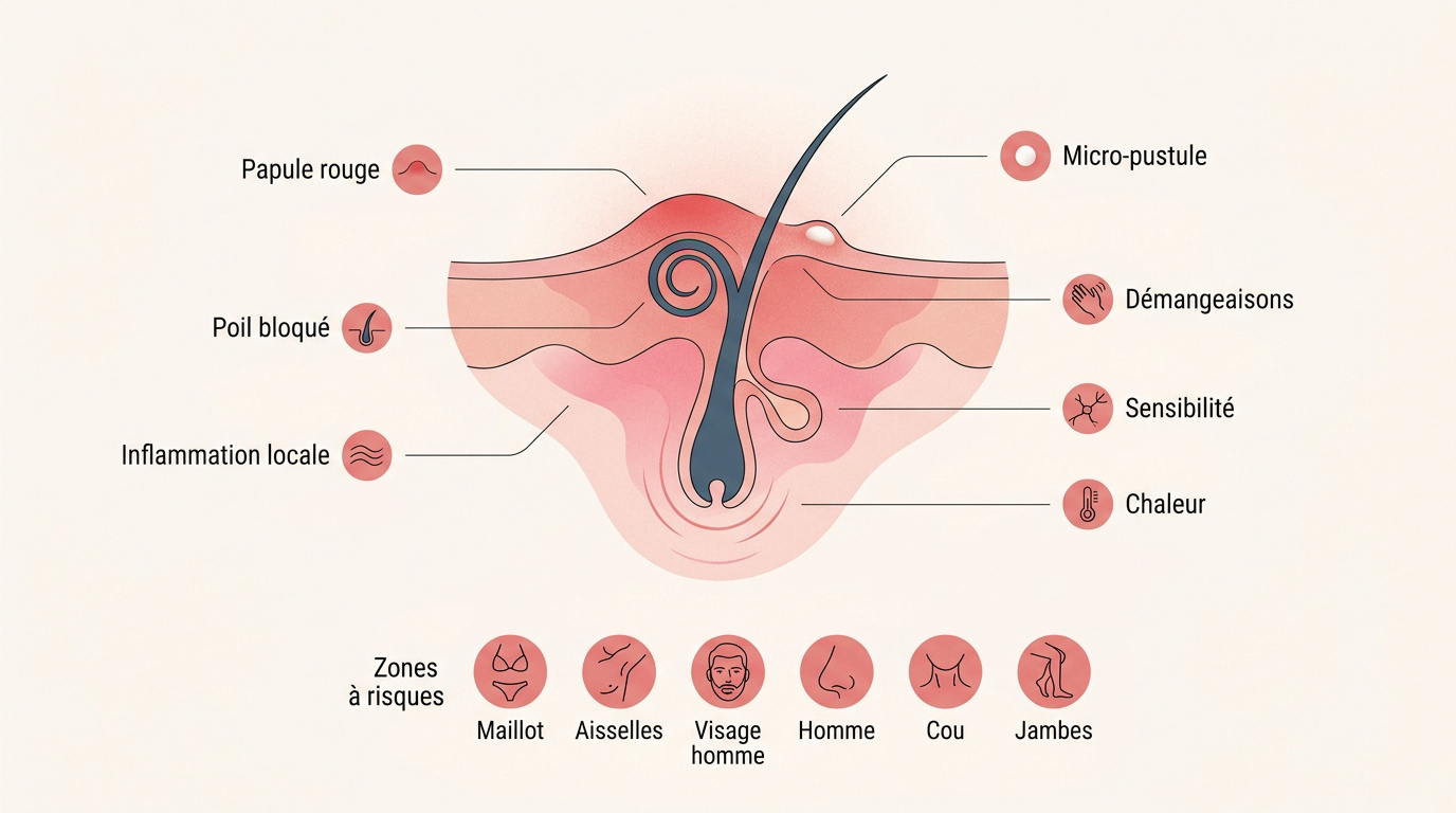 Illustration des signes cliniques d'un poil incarné avec rougeur et poil sous cutané