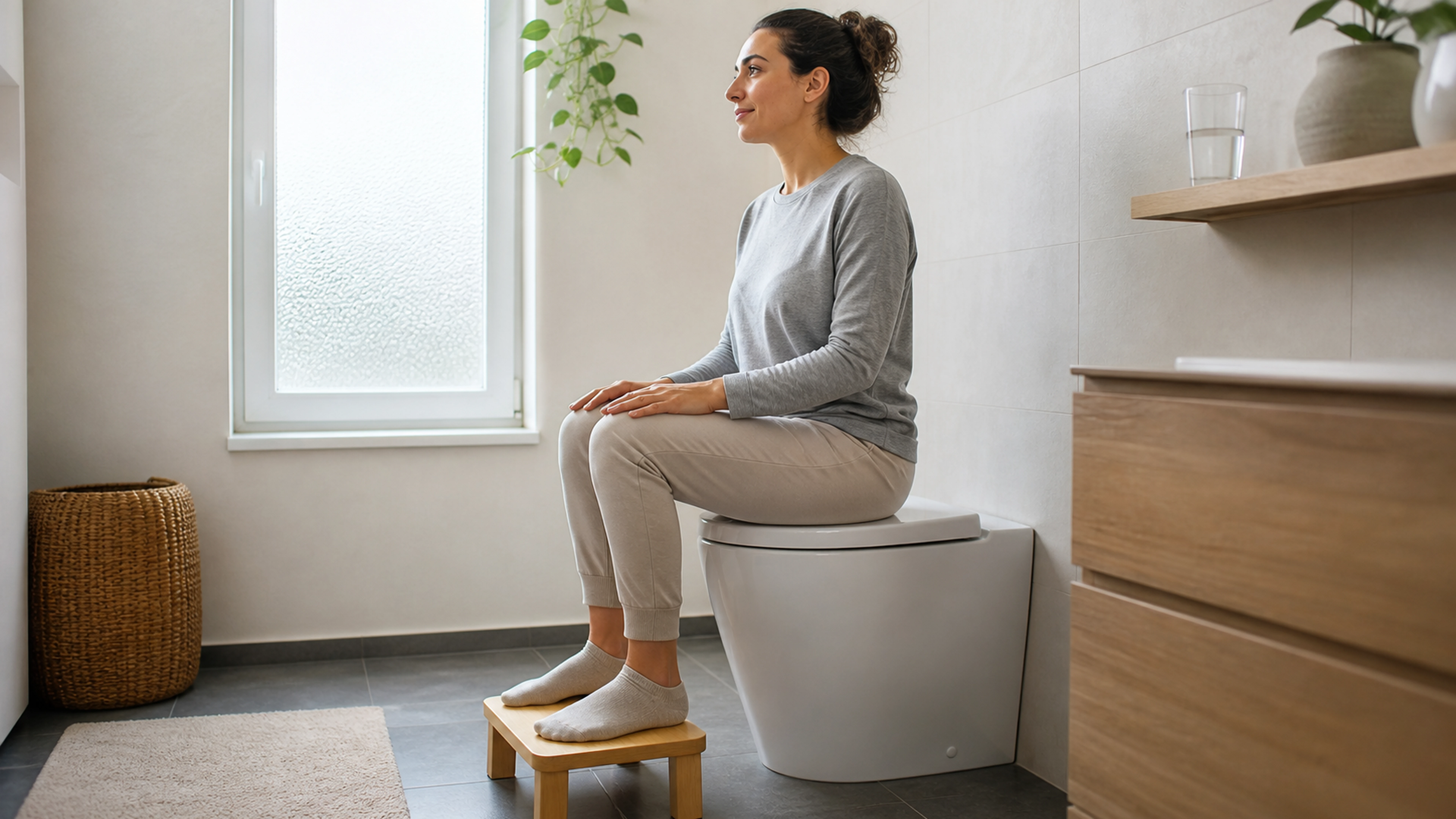 Femme assise bien droite dans une salle de bain, les pieds posés sur un petit repose-pieds