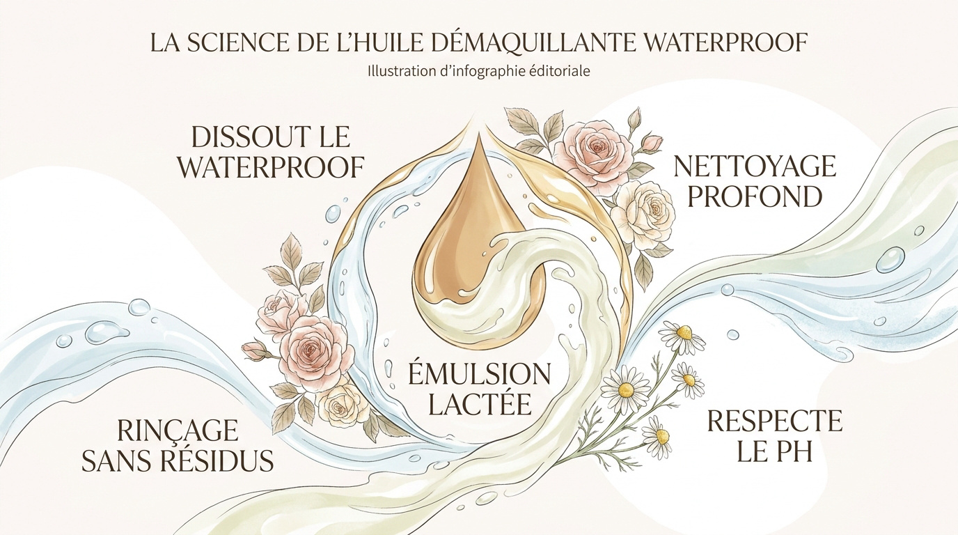 Schéma scientifique de l'émulsion d'une huile démaquillante au contact de l'eau