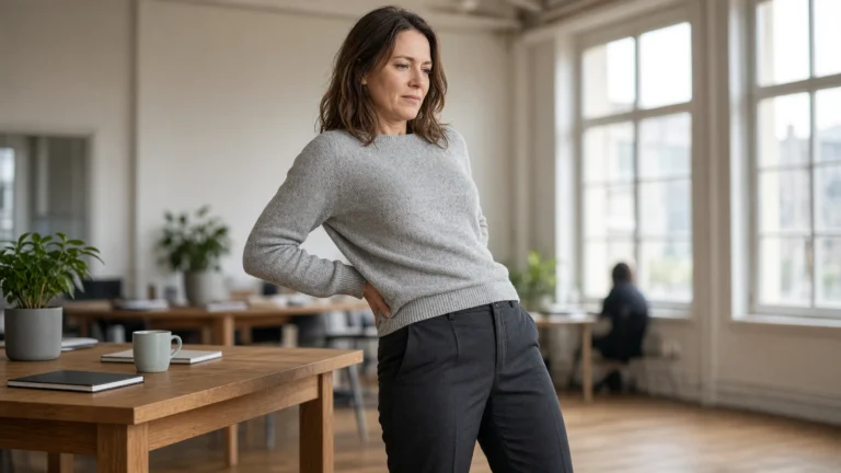 Femme au bureau tenant le bas du dos dans un open space lumineux