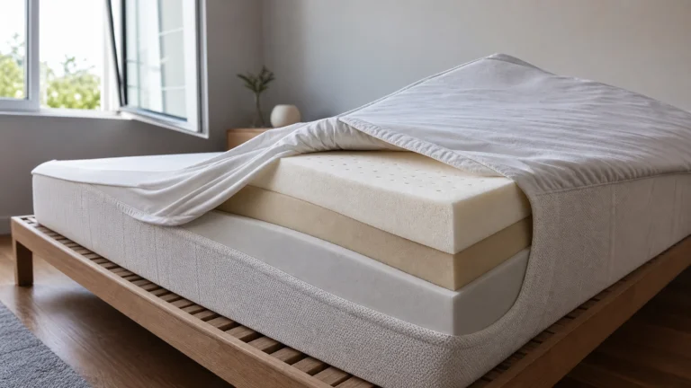 Matelas en mousse à plusieurs couches sur un sommier à lattes dans une chambre aérée