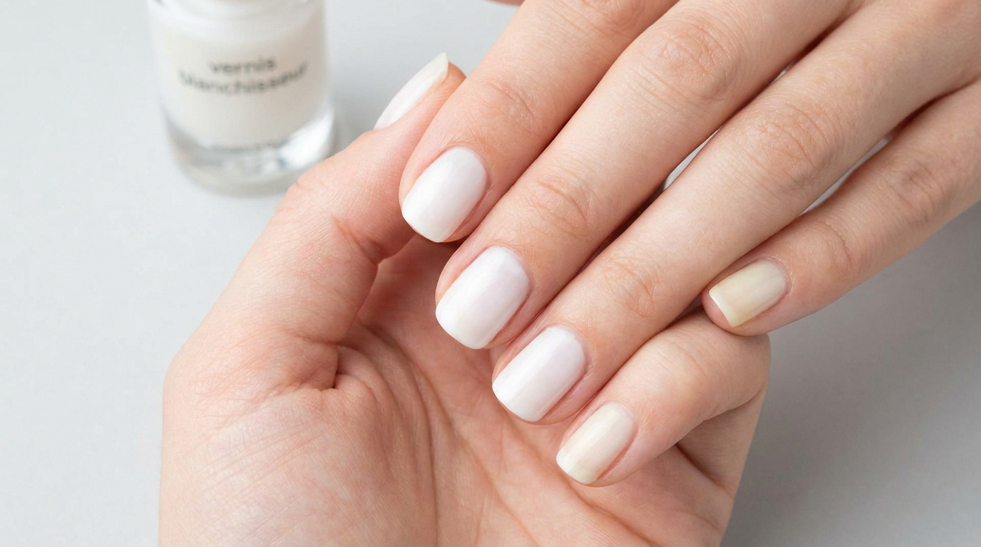 Main avec des ongles partiellement vernis en blanc à côté d'un flacon de vernis blanchisseur sur fond gris.