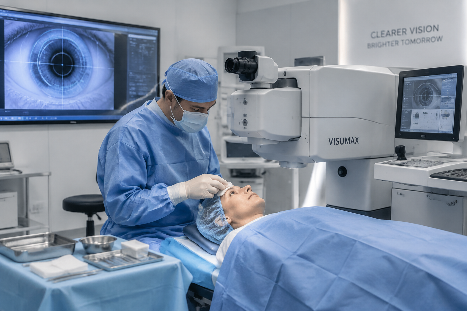 Une salle d'opération moderne équipée d'un laser ophtalmique, un chirurgien préparant une intervention sur les yeux.