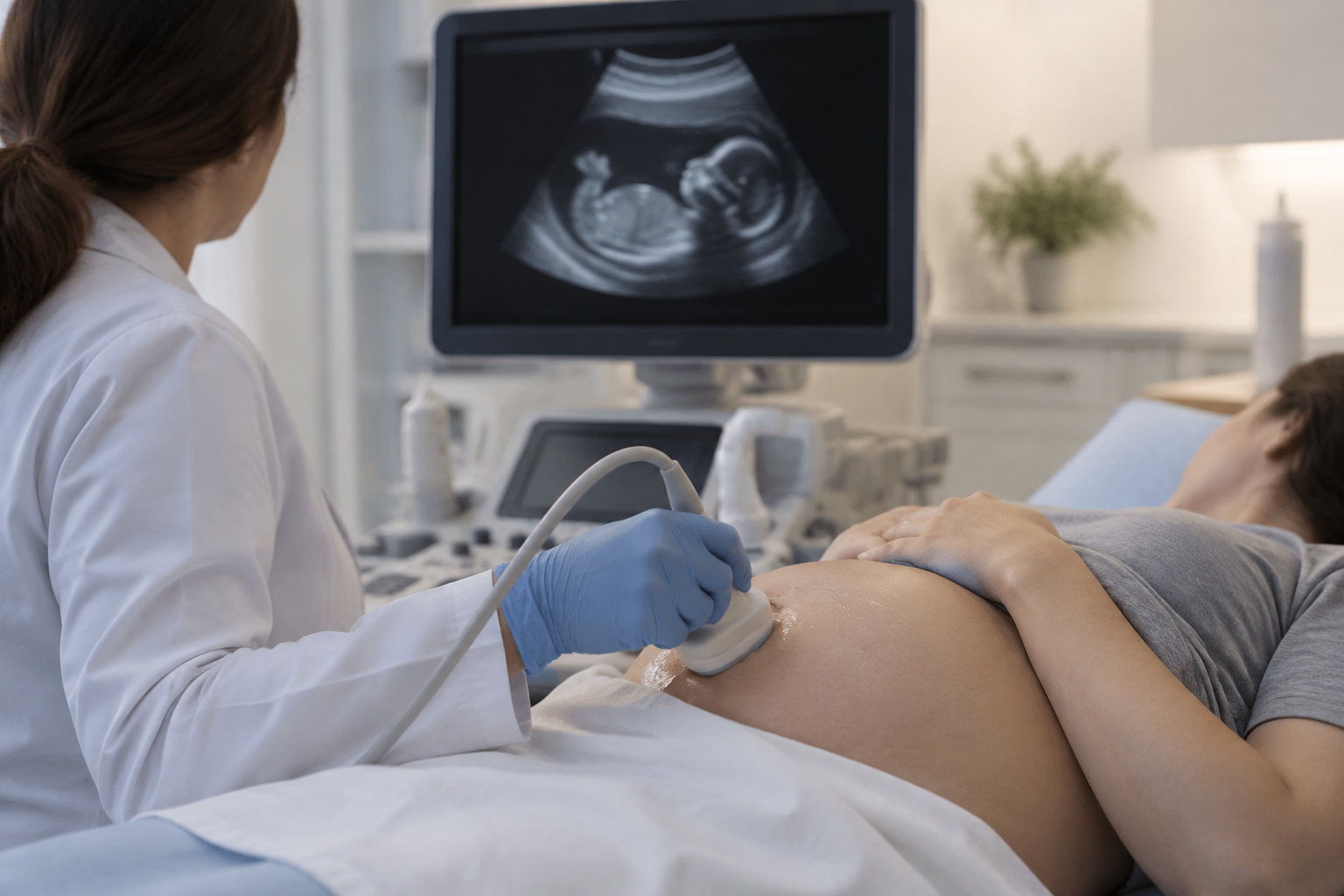 Un professionnel de santé réalise une échographie sur le ventre d’une femme enceinte, tandis qu’une image du fœtus apparaît sur l’écran.