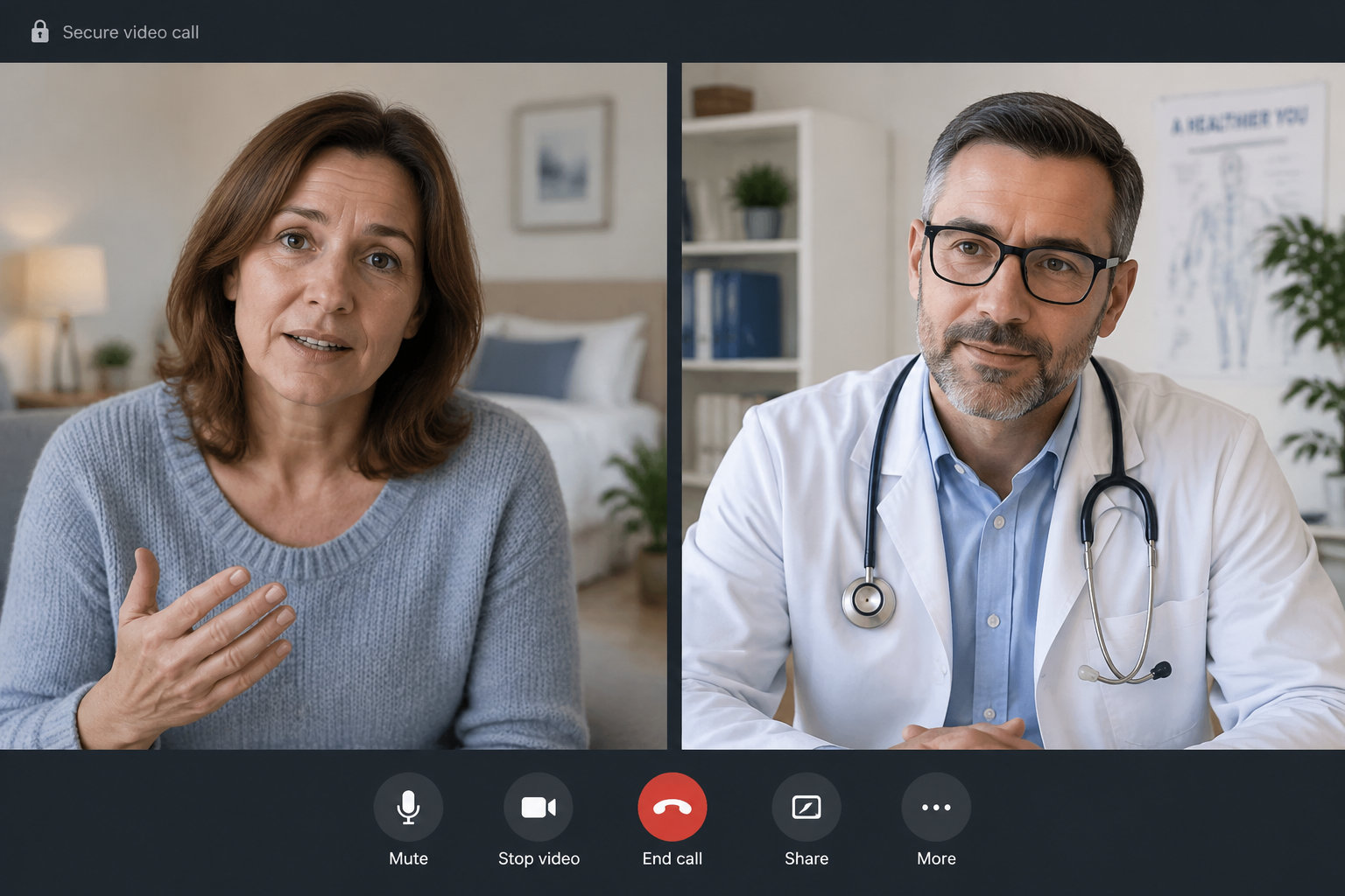 Un patient échange en vidéo avec un médecin généraliste, chacun devant sa caméra.