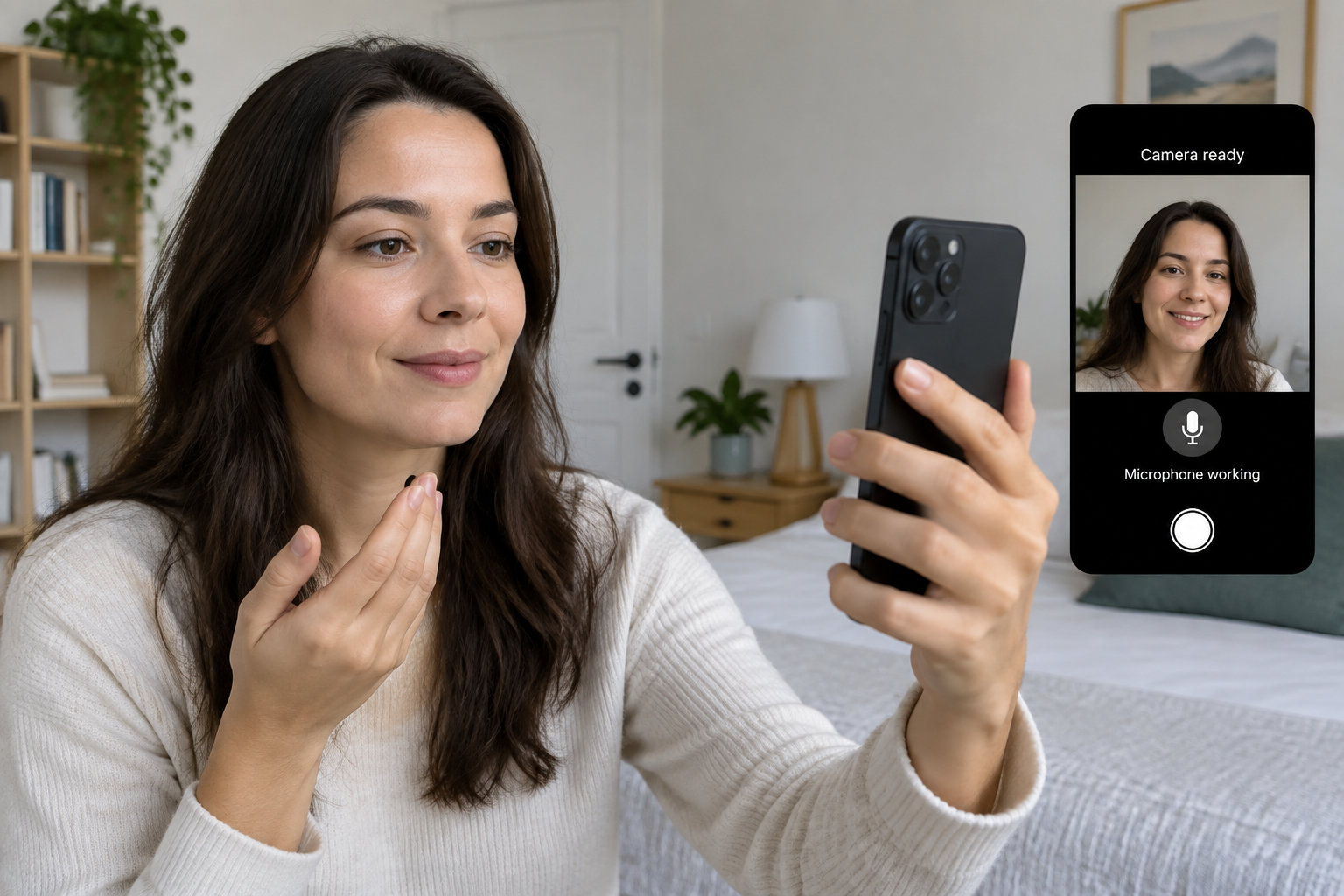 Une personne teste la caméra et le microphone de son smartphone dans une pièce calme, privée et bien éclairée.