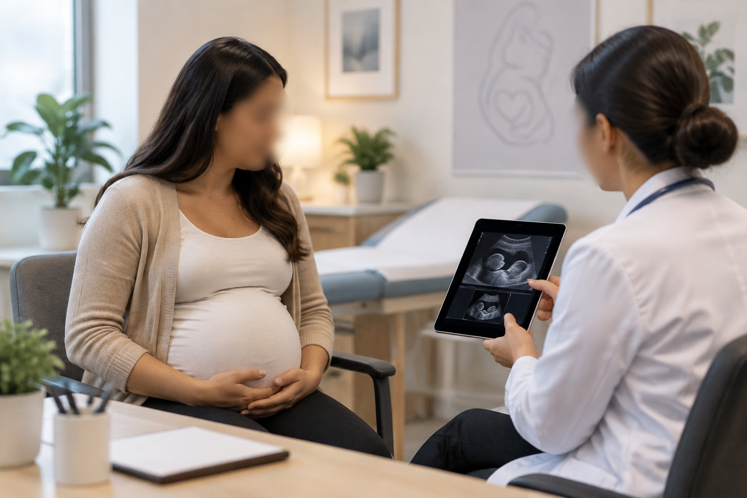 Une professionnelle de santé montre des images d’échographie sur une tablette à une femme enceinte, assises dans un cabinet médical.