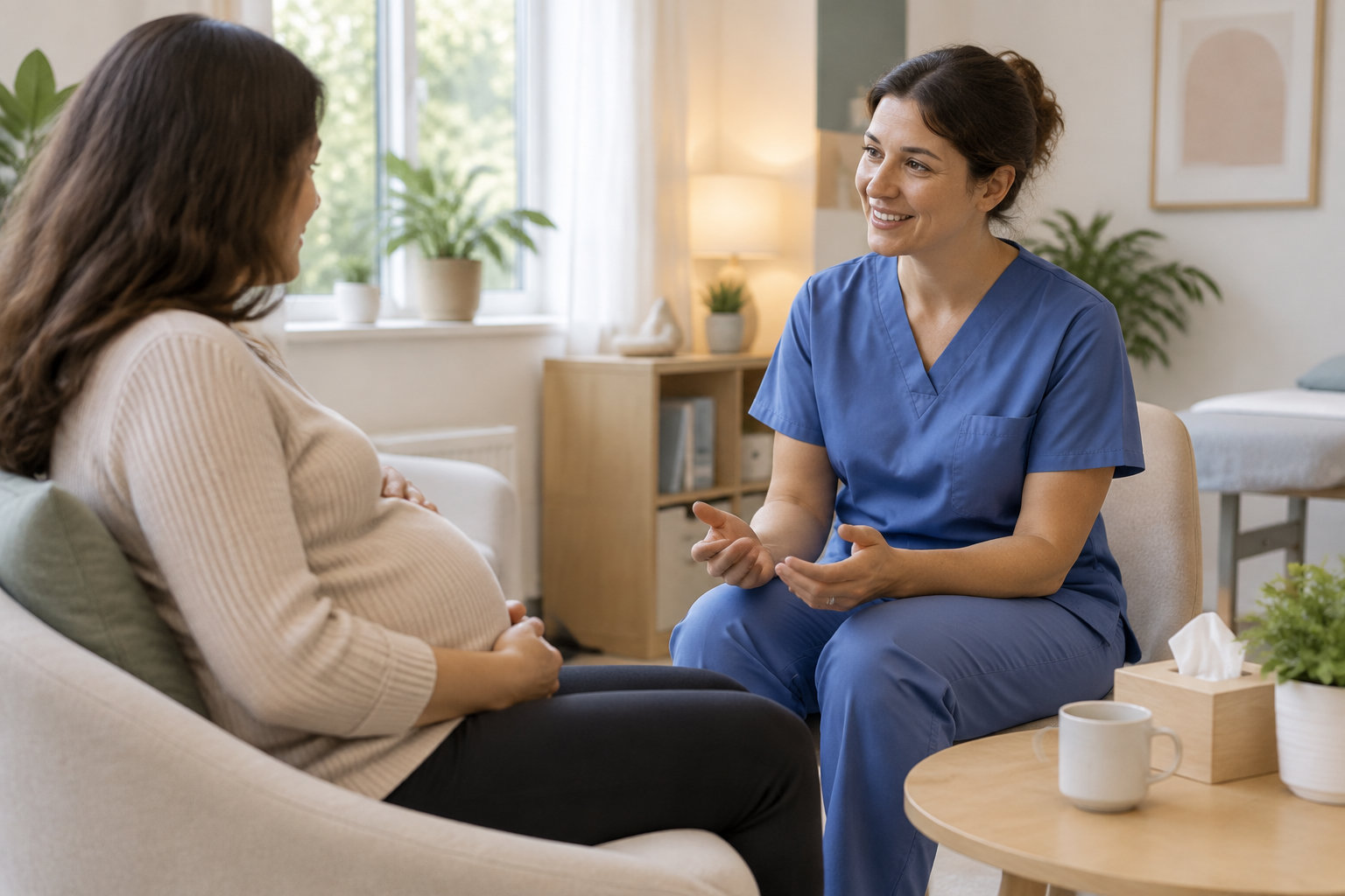 Une professionnelle de santé en tenue bleue échange avec une femme enceinte assise dans un fauteuil, dans une pièce lumineuse.