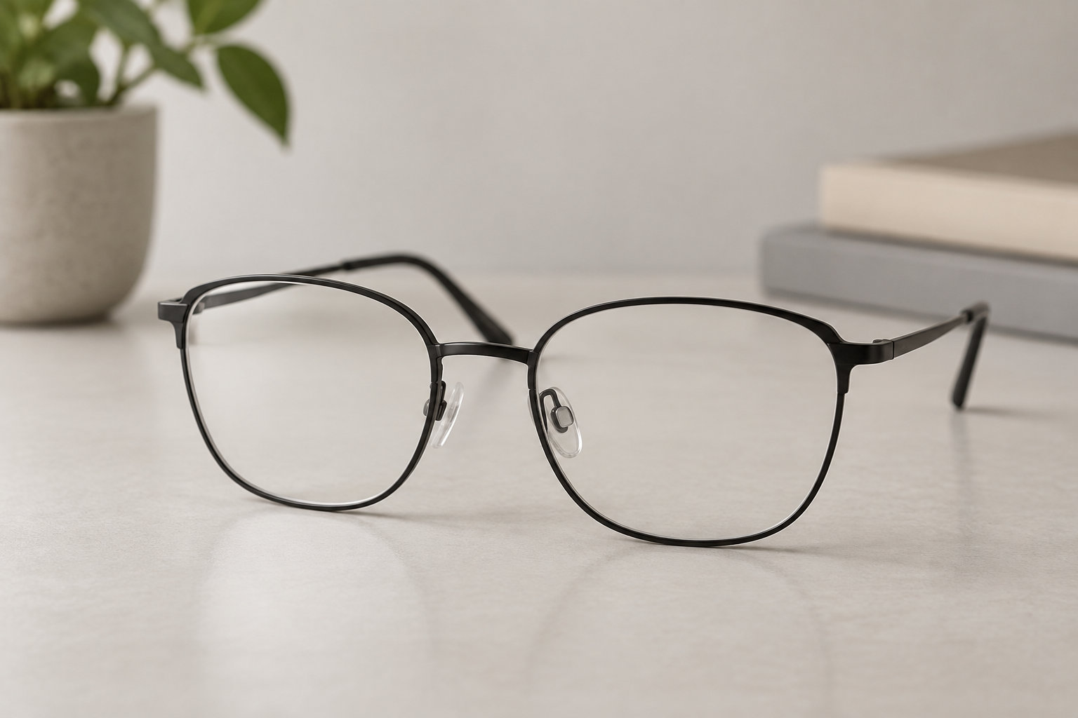 Une paire de lunettes à monture noire est posée sur une surface claire, avec une plante et des livres flous à l’arrière-plan.