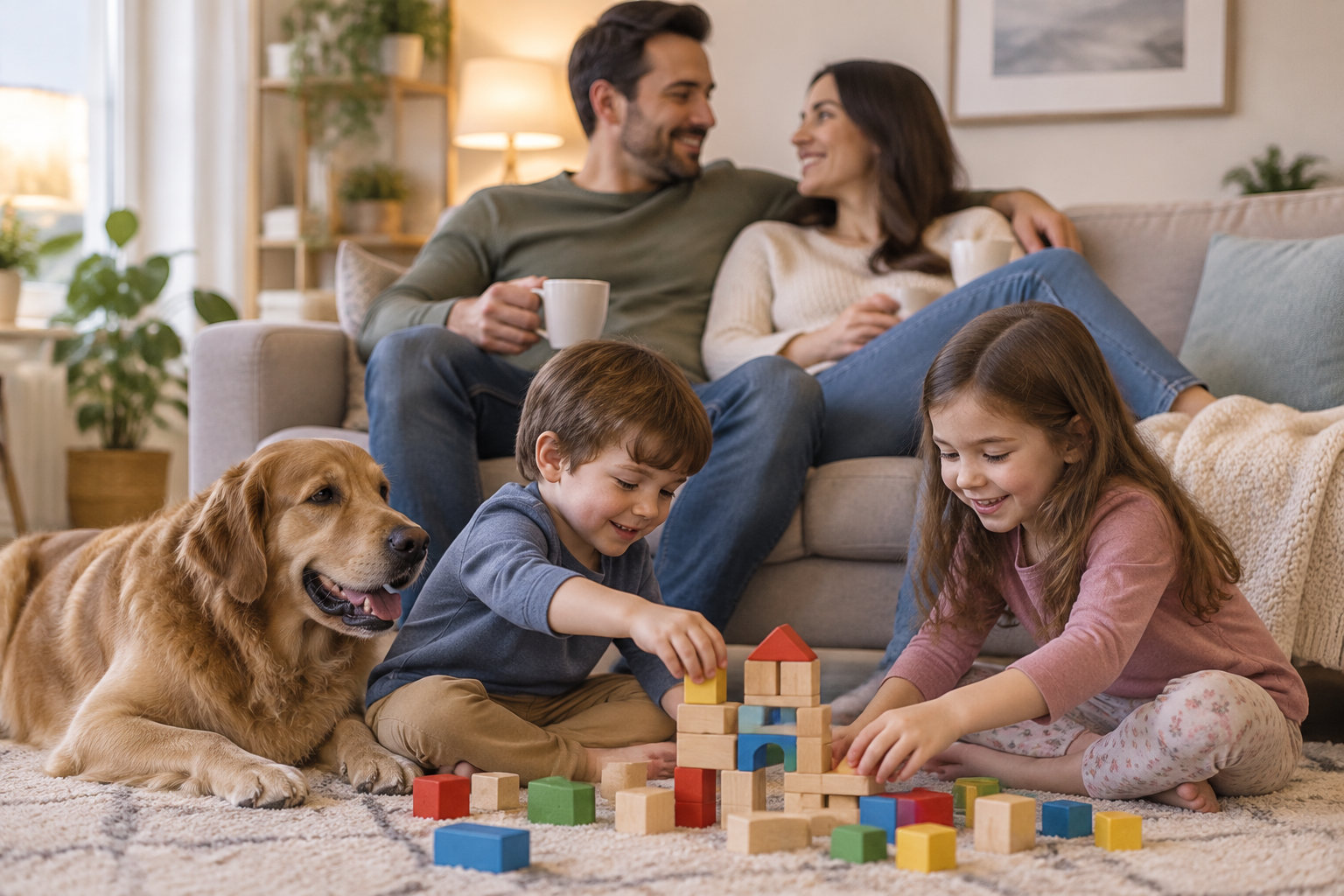 Deux enfants jouent avec des blocs de construction sur un tapis, près d’un chien, tandis que leurs parents sourient sur le canapé.