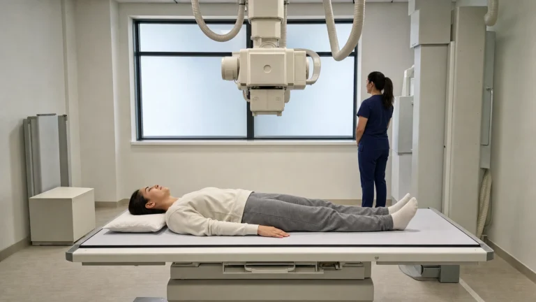 Patiente allongée sur une table de radiographie du bassin et des hanches dans une salle d’imagerie médicale