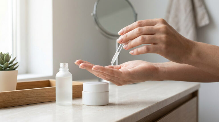 Gros plan sur des mains appliquant quelques gouttes de sérum depuis une pipette dans la paume d'une main.