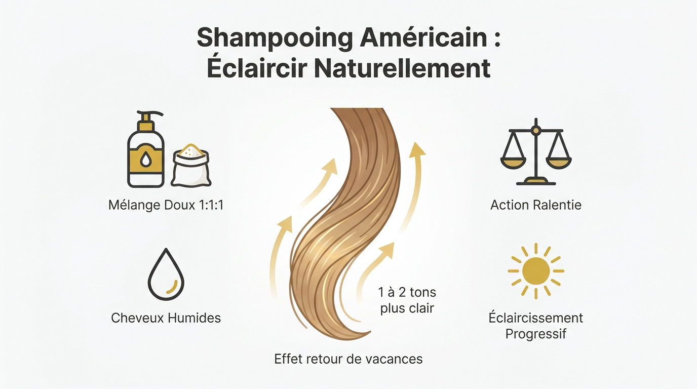 Éclaircissement naturel effet soleil après un shampooing américain