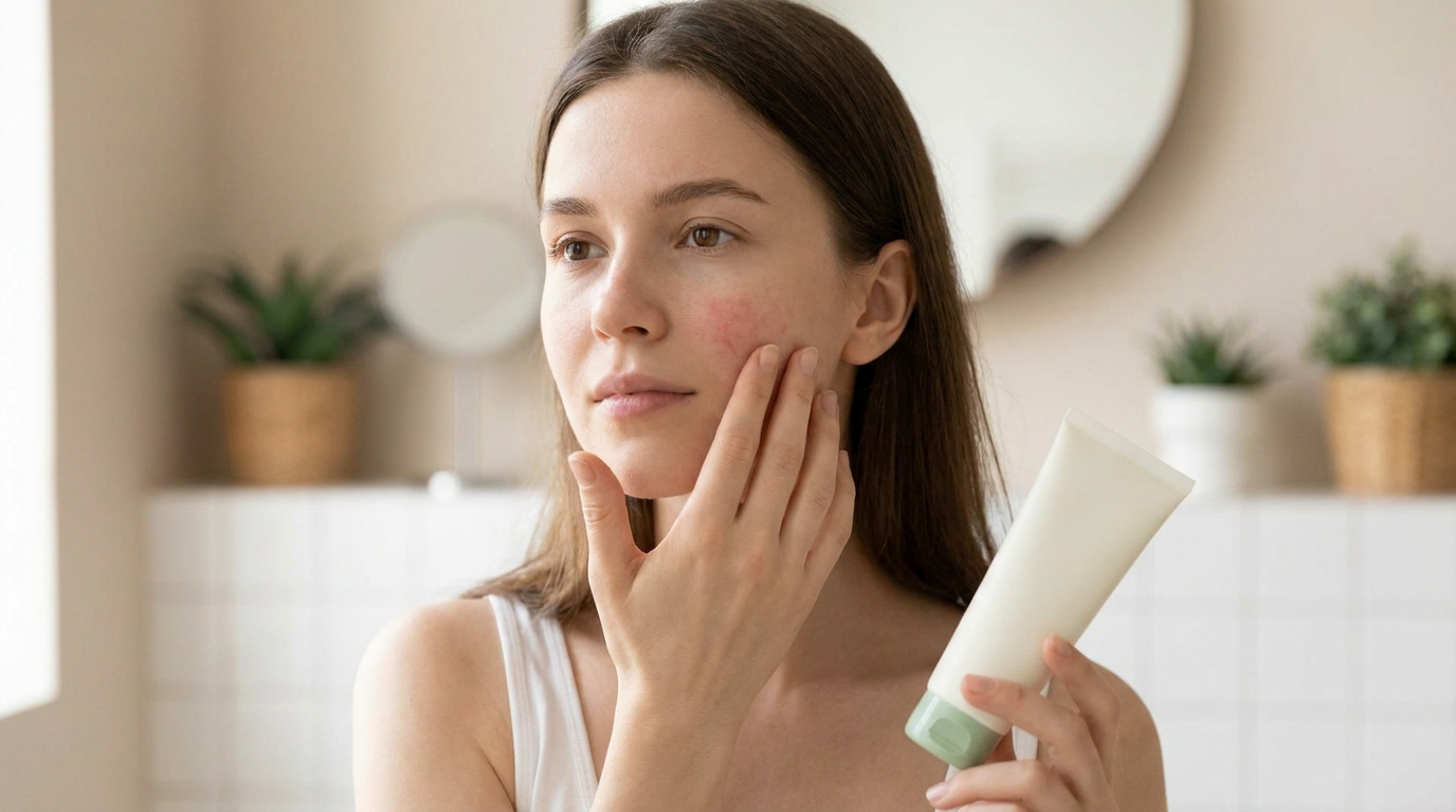 Jeune femme touchant sa joue irritée par une allergie tout en tenant un tube de crème apaisante.