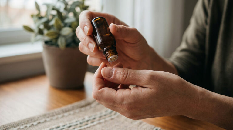 Gros plan sur des mains appliquant une goutte d'huile pour ongles à partir d'un flacon en verre ambré.