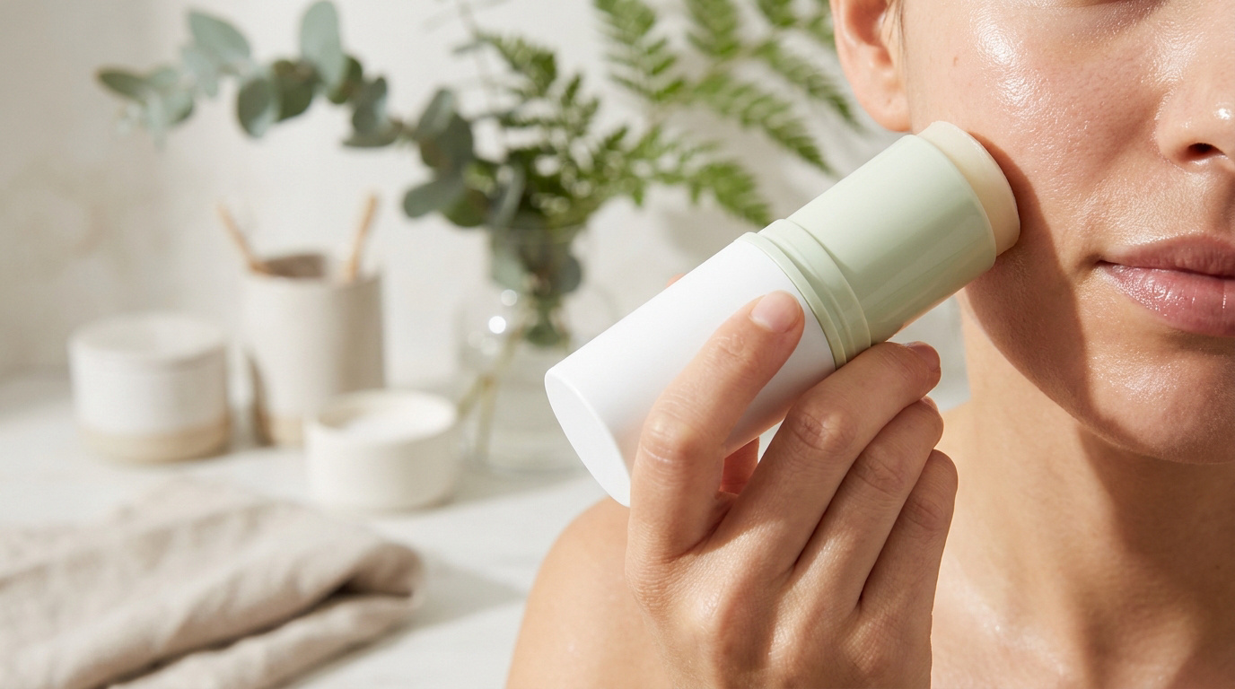 Une femme utilisant un stick nettoyant sur sa joue dans une salle de bain lumineuse avec des plantes en arrière-plan.