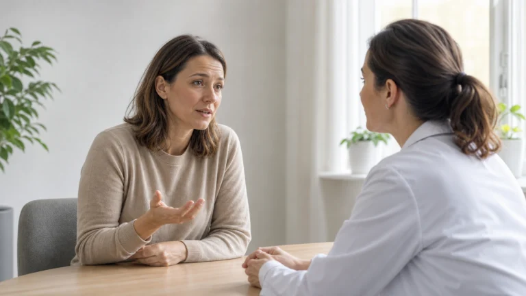 Femme échangeant avec une médecin lors d’une consultation dans un cabinet lumineux