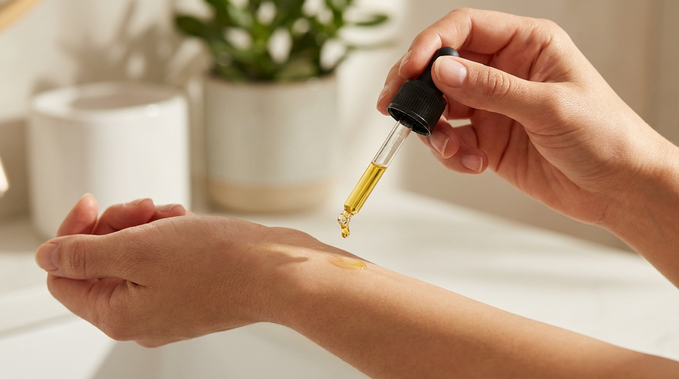 Une personne applique une goutte d'huile de jojoba dorée sur son poignet à l'aide d'une pipette pour un test cutané.