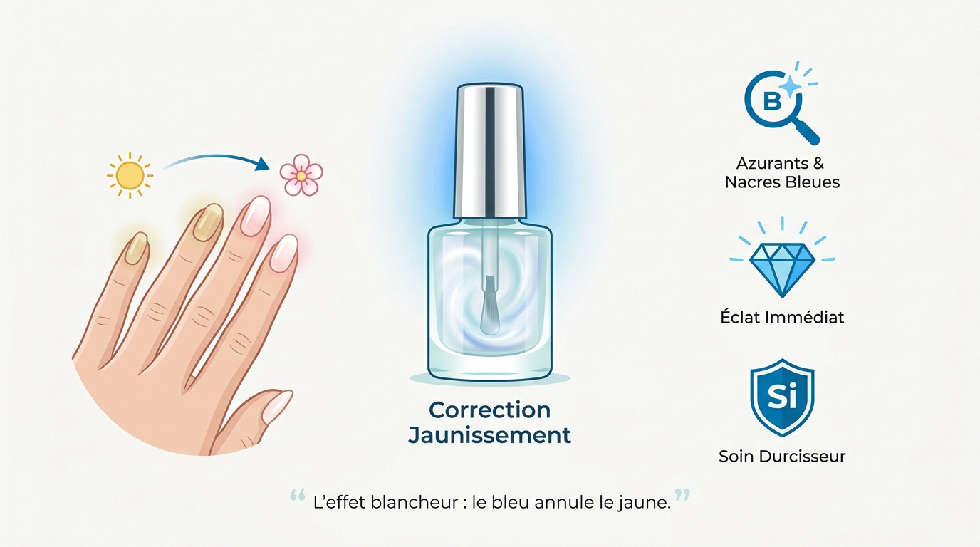 Vernis blanchisseur appliqué sur des ongles pour un effet éclat immédiat