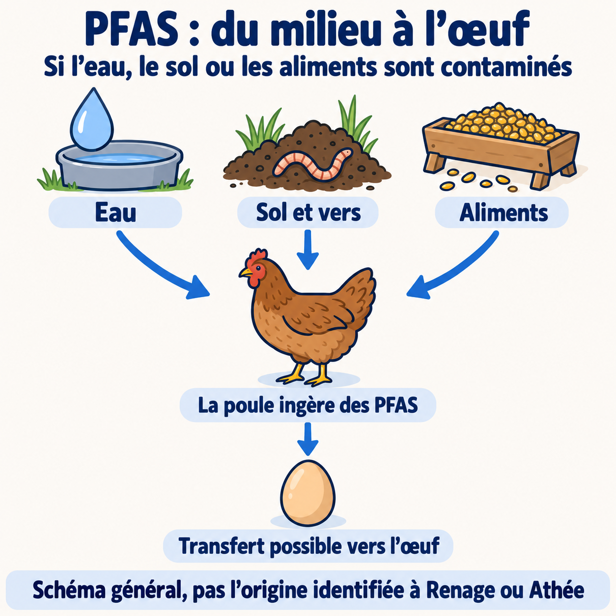 Si l’eau, le sol ou les aliments sont contaminés par des PFAS, la poule peut en ingérer et les transférer à l’œuf. Ces voies générales n’identifient pas l’origine de la contamination à Renage ou Athée.