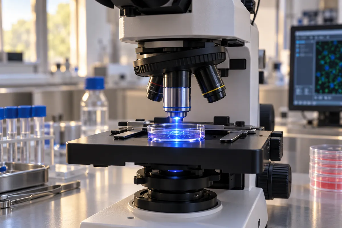 Microscope et boîte de culture éclairée en bleu dans un laboratoire.