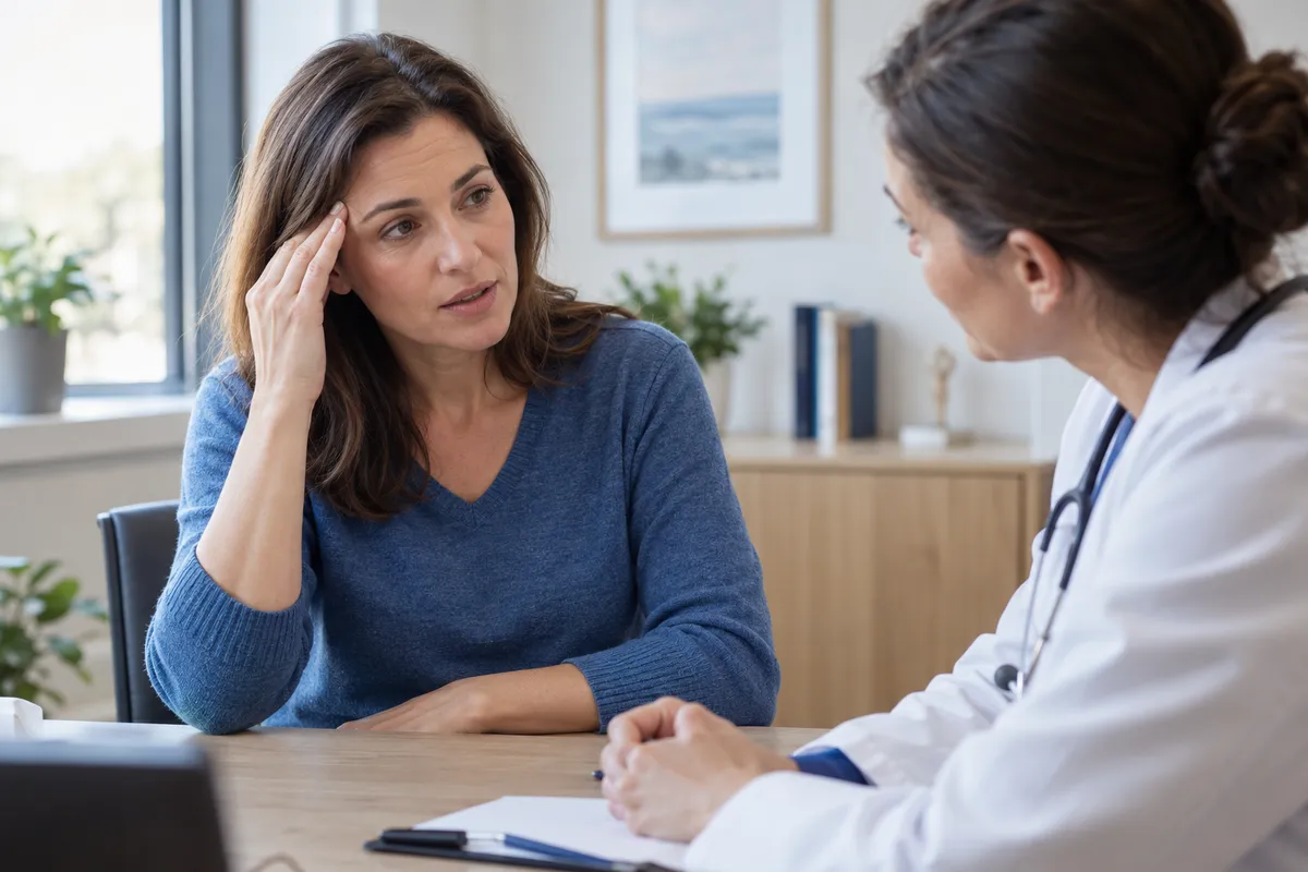 Une femme décrit sa douleur à une médecin attentive dans un cabinet lumineux.