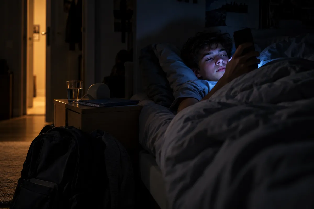 Un adolescent allongé dans son lit, dans une chambre sombre, le visage éclairé par la lumière bleue de son smartphone.