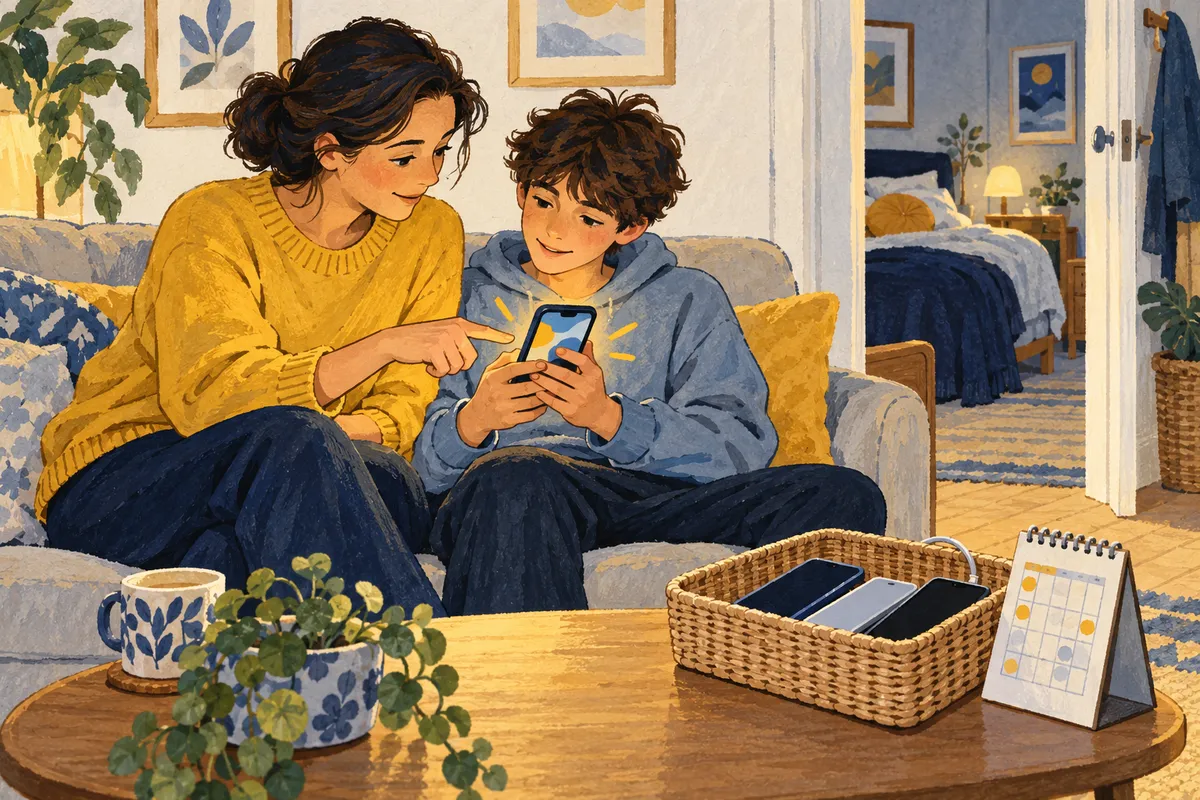 Illustration : une mère et son fils adolescent regardent ensemble un smartphone sur le canapé, un panier à téléphones posé sur la table basse, la chambre sans écran en arrière-plan.