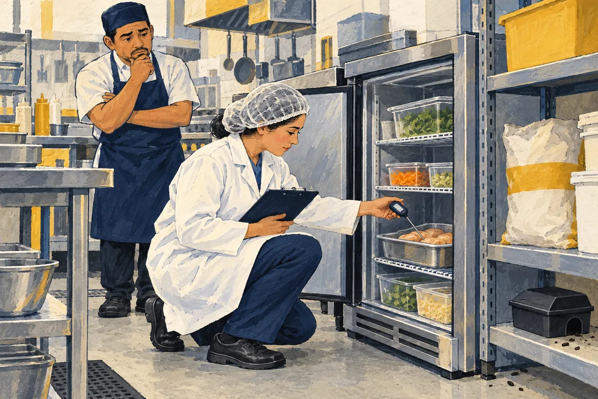 Illustration : dans la cuisine d'un fast-food, une inspectrice en blouse blanche et charlotte mesure au thermomètre-sonde la température d'un plat dans un réfrigérateur ouvert, sous le regard d'un cuisinier, près d'un boîtier anti-rongeurs et de déjections sur une étagère.
