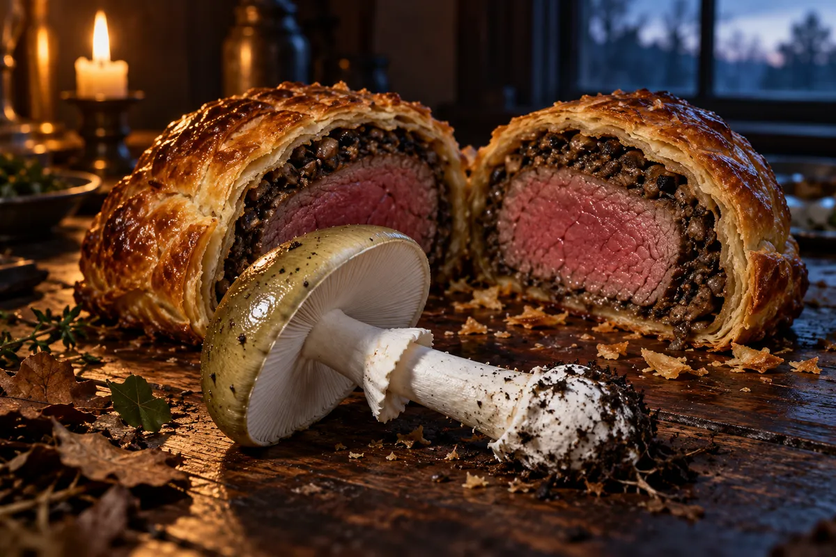 Bœuf Wellington coupé en deux sur une table en bois, avec une amanite phalloïde entière au premier plan, à la lueur d'une bougie.